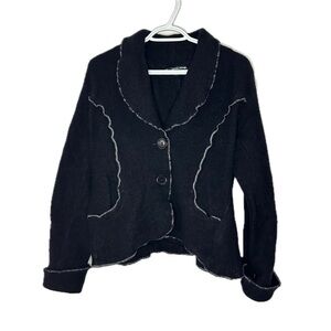 Chic Black Wool Coat Crop Scalloped Hem Contrast Trimmed Collar Cuff Size XL